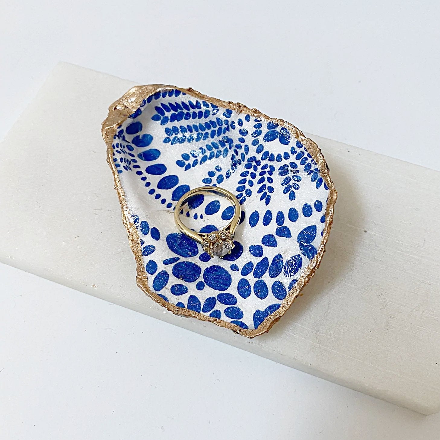 Blue & White Pattern Decoupage Oyster Shell Jewelry Dish Ana Razavi