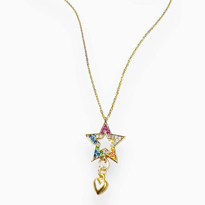Cubic Zirconia Star Necklace with vibrant multicolor gems and gold heart charm, suspended on an 18in gold-filled chain for layering.