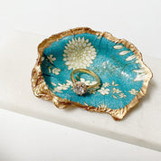 White Flowers on Teal Decoupage Oyster Shell Jewelry Dish Ana Razavi