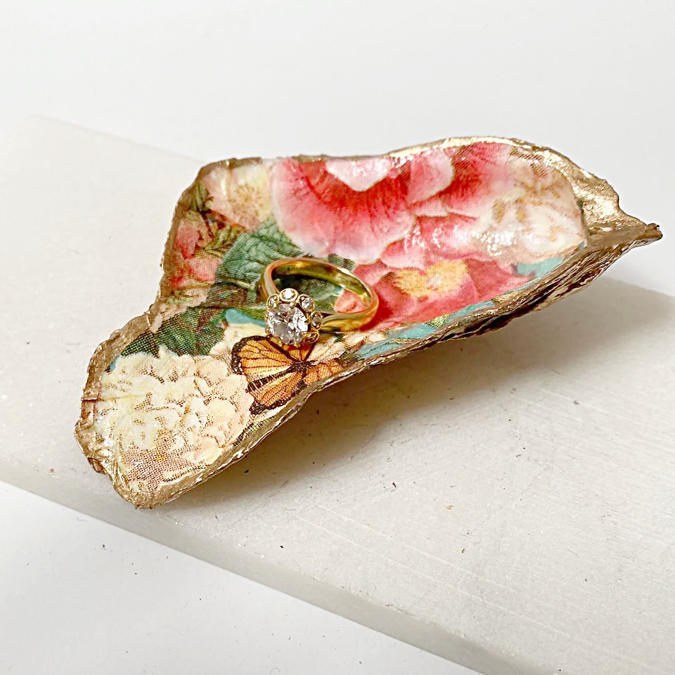 Vintage Floral Decoupage Oyster Shell Jewelry Dish Ana Razavi