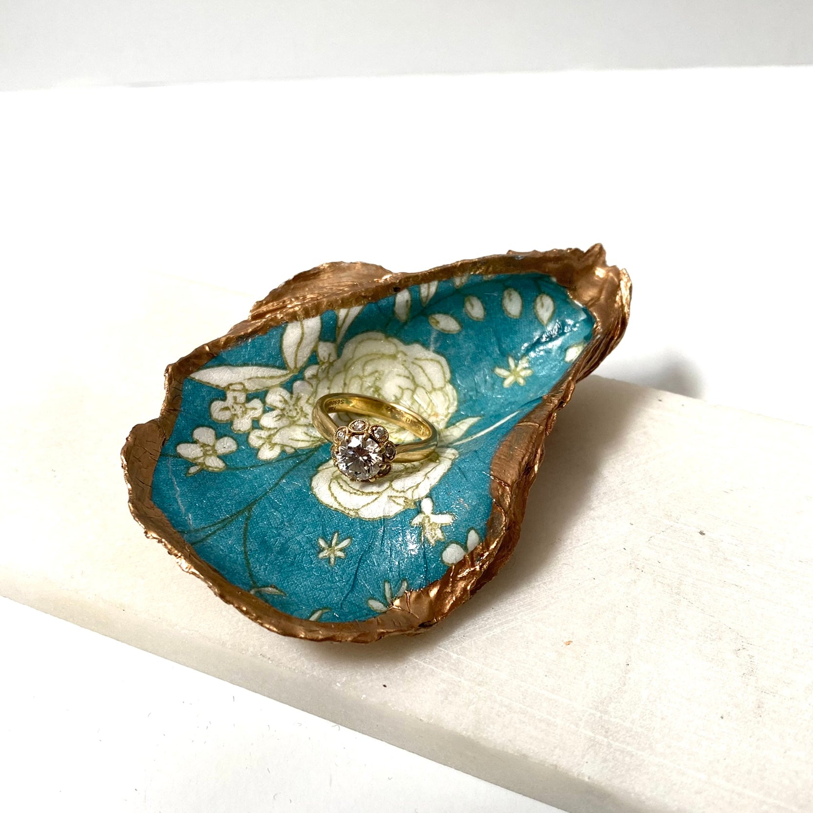 White Flowers on Teal Decoupage Oyster Shell Ring Dish Ana Razavi