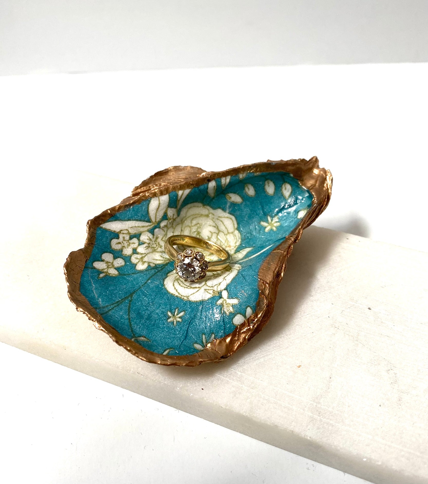 White Flowers on Teal Decoupage Oyster Shell Ring Dish Ana Razavi