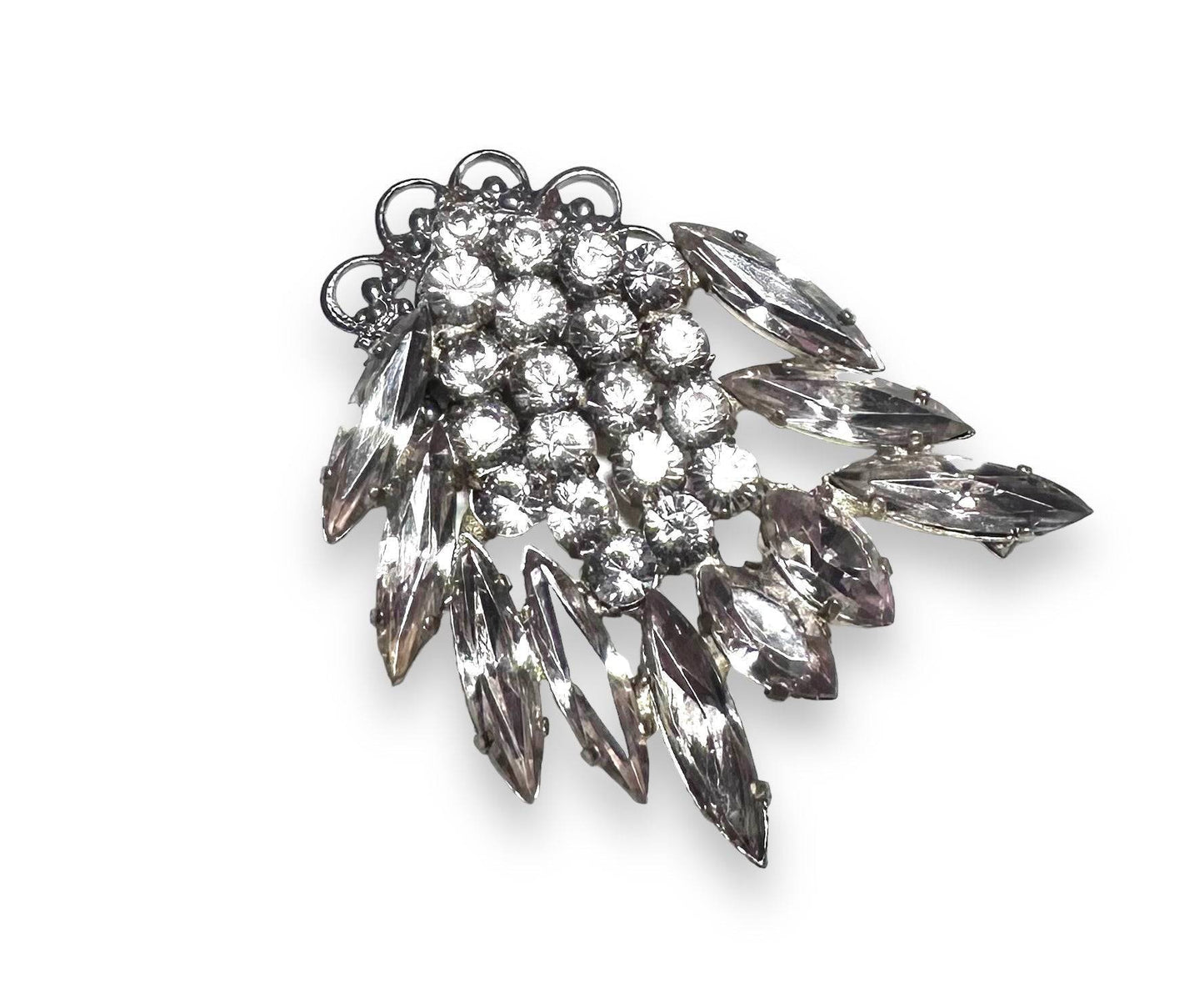 Vintage-style Uni-T magnet brooch with marquise-cut crystals in a leaf cluster design, ideal for delicate fabrics or gifting.