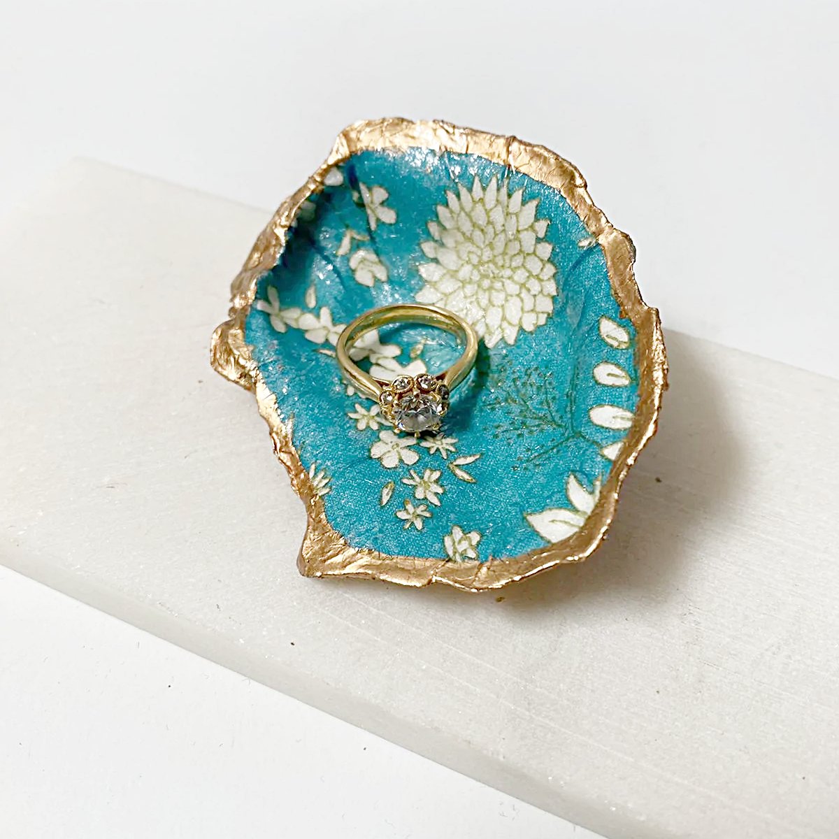 White Flowers on Teal Decoupage Oyster Shell Jewelry Dish Ana Razavi