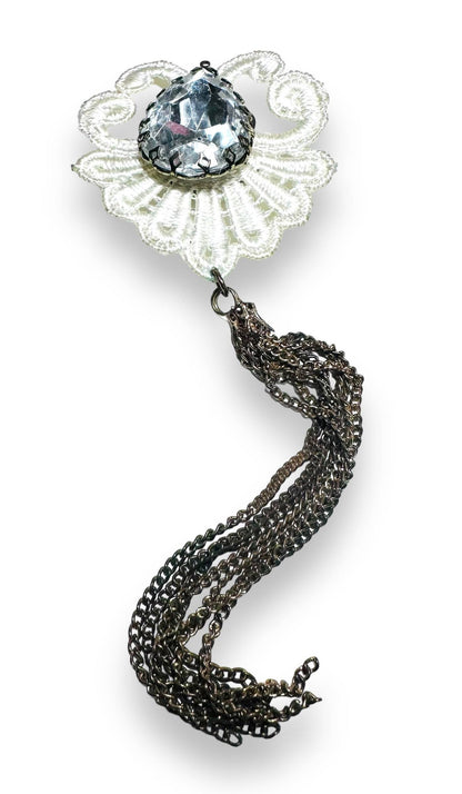 Lace and chain Uni-T magnet brooch with teardrop crystal, combining vintage charm and strong magnetic hold for versatile styling.