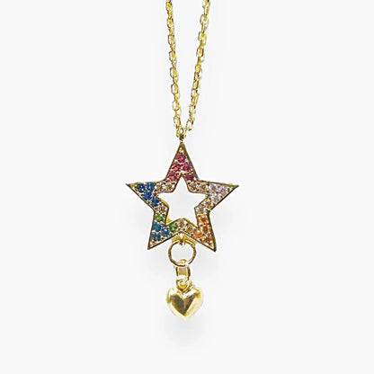 Front view of Cubic Zirconia Star Necklace on gold chain, showcasing rainbow-colored stones and a gold heart charm for versatile styling.