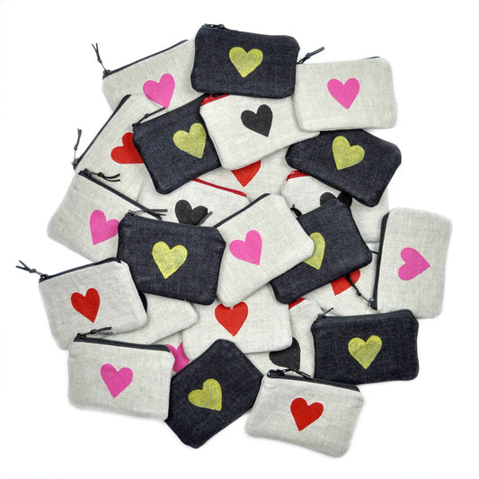 Heart Blockprint Linen Coin Purse Gray Green Goods