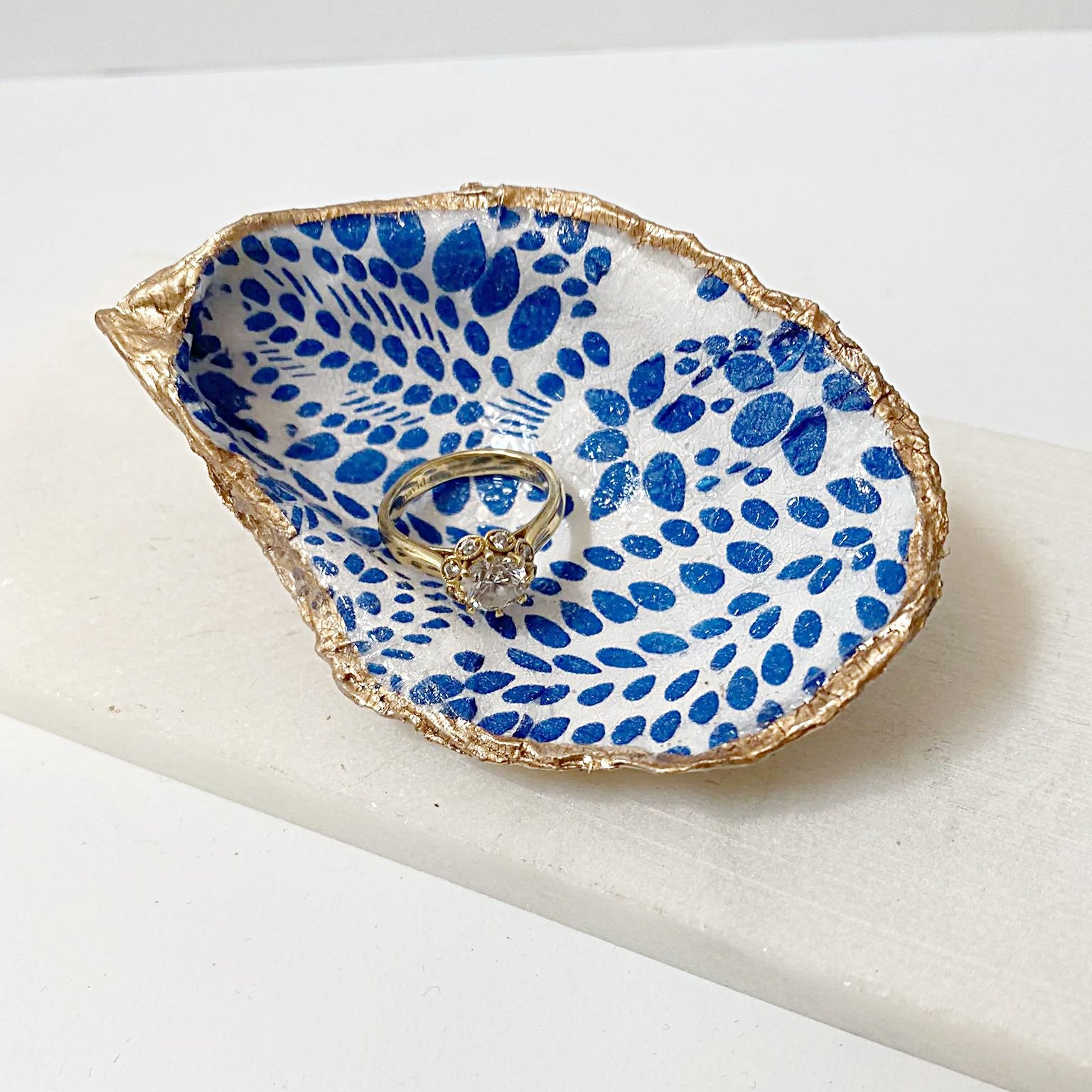 Blue & White Decoupage Oyster Shell Jewelry Dish Ana Razavi