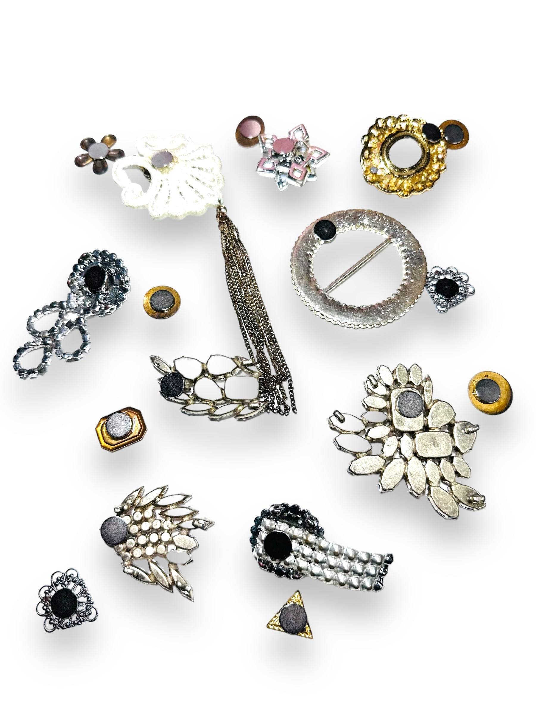 Back view of Uni-T Magnet Brooches showing strong magnet attachments for secure, pin-free wear on clothing or as decorative fridge magnets.