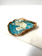 White Flowers on Teal Decoupage Oyster Shell Ring Dish Ana Razavi