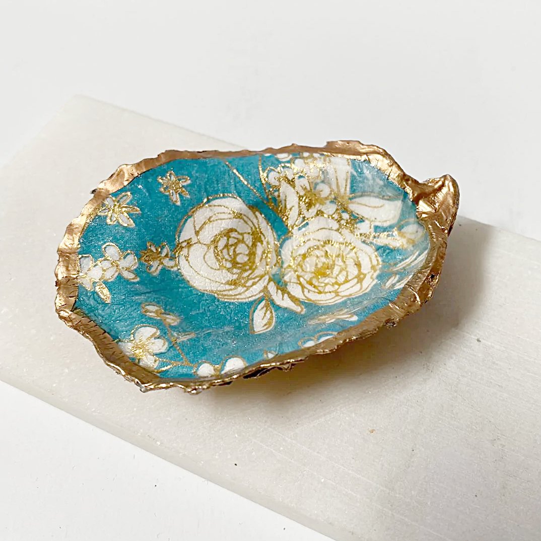 White flowers on Teal Decoupage Oyster Shell Jewelry Dish Ana Razavi