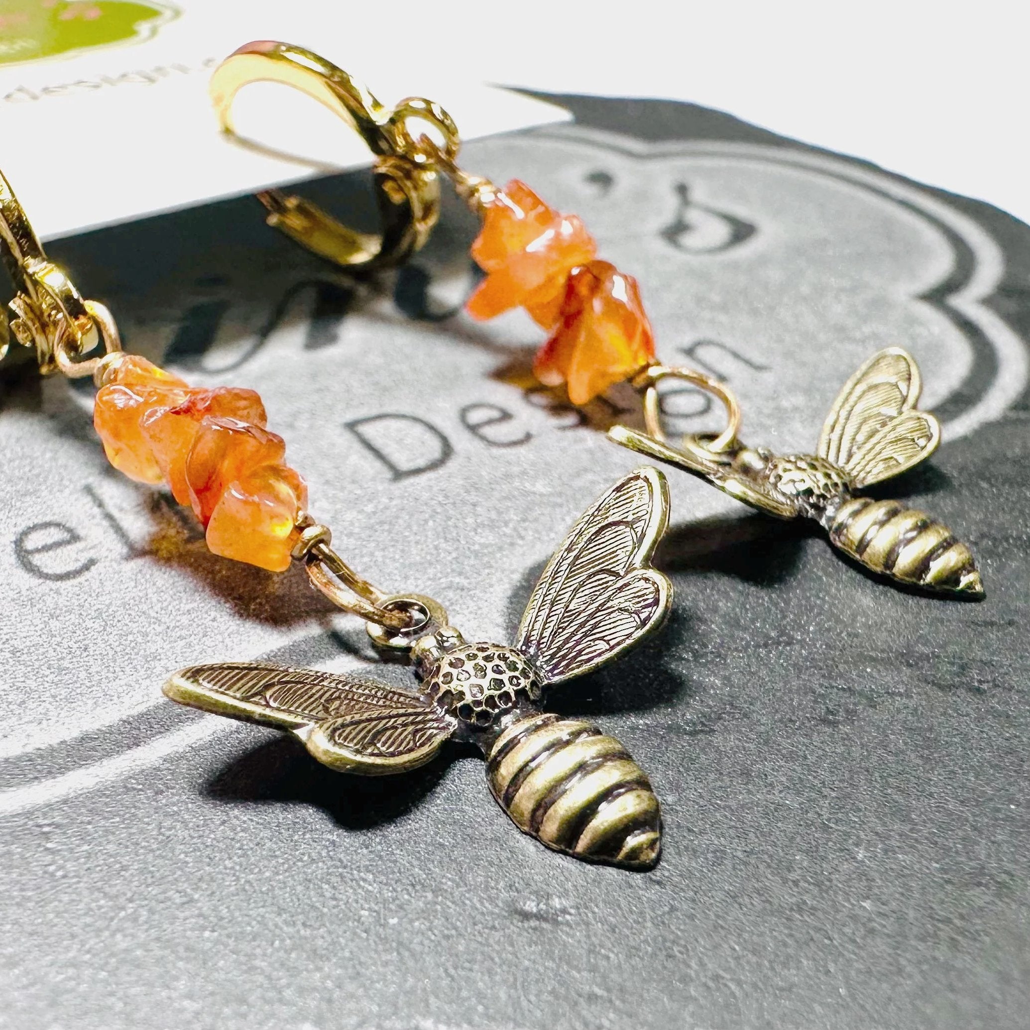 Bee Earrings/Carnelian Gemstone Earrings/Golden Bee Earrings-Uni-T Janine Design