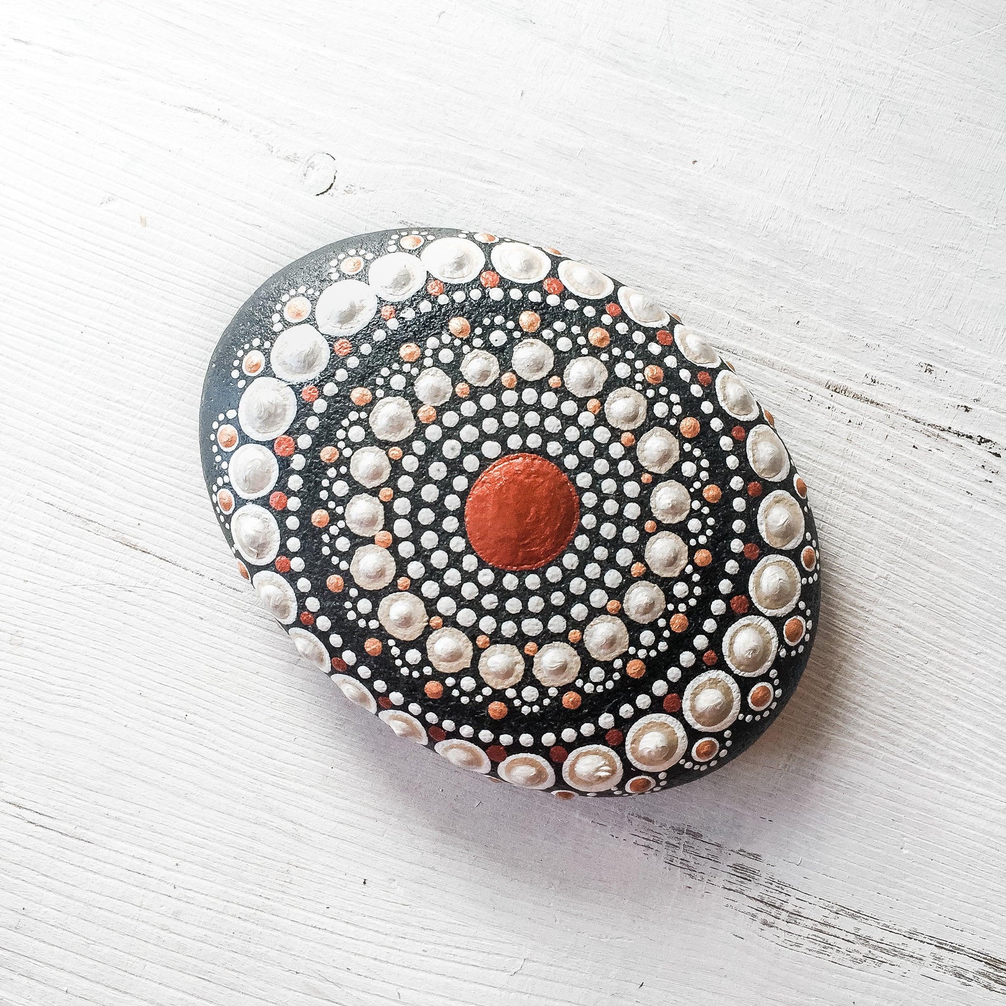 Large Hand Painted Mandala Stone - Copper, White, Black Uni-T