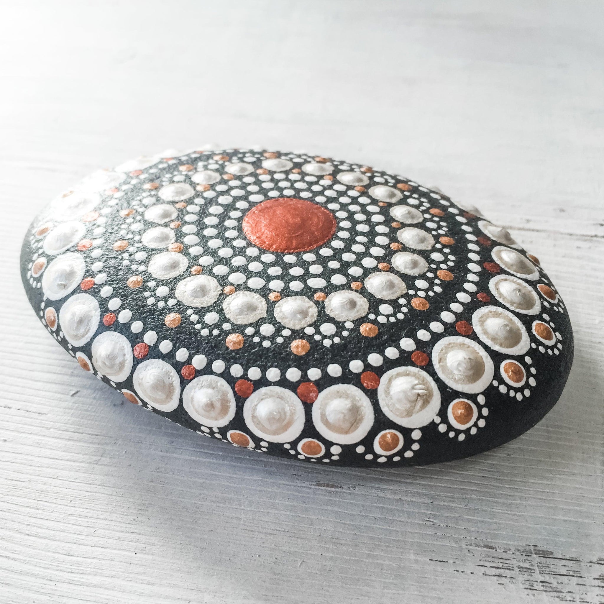 Large Hand Painted Mandala Stone - Copper, White, Black Uni-T