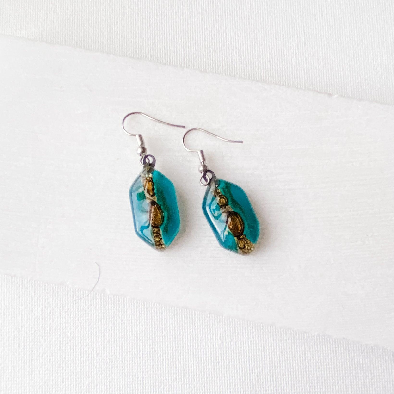Recycled Fused Glass Earrings - Hexagons Uni-T