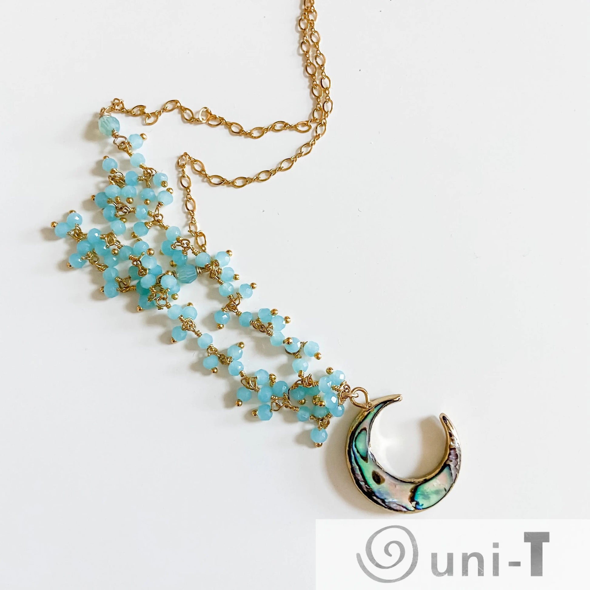 Abalone Moon and Aqua Chalcedony with 14K Gold Filled Necklace Regina McGearty