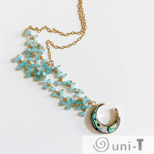 Abalone Moon and Aqua Chalcedony with 14K Gold Filled Necklace Regina McGearty