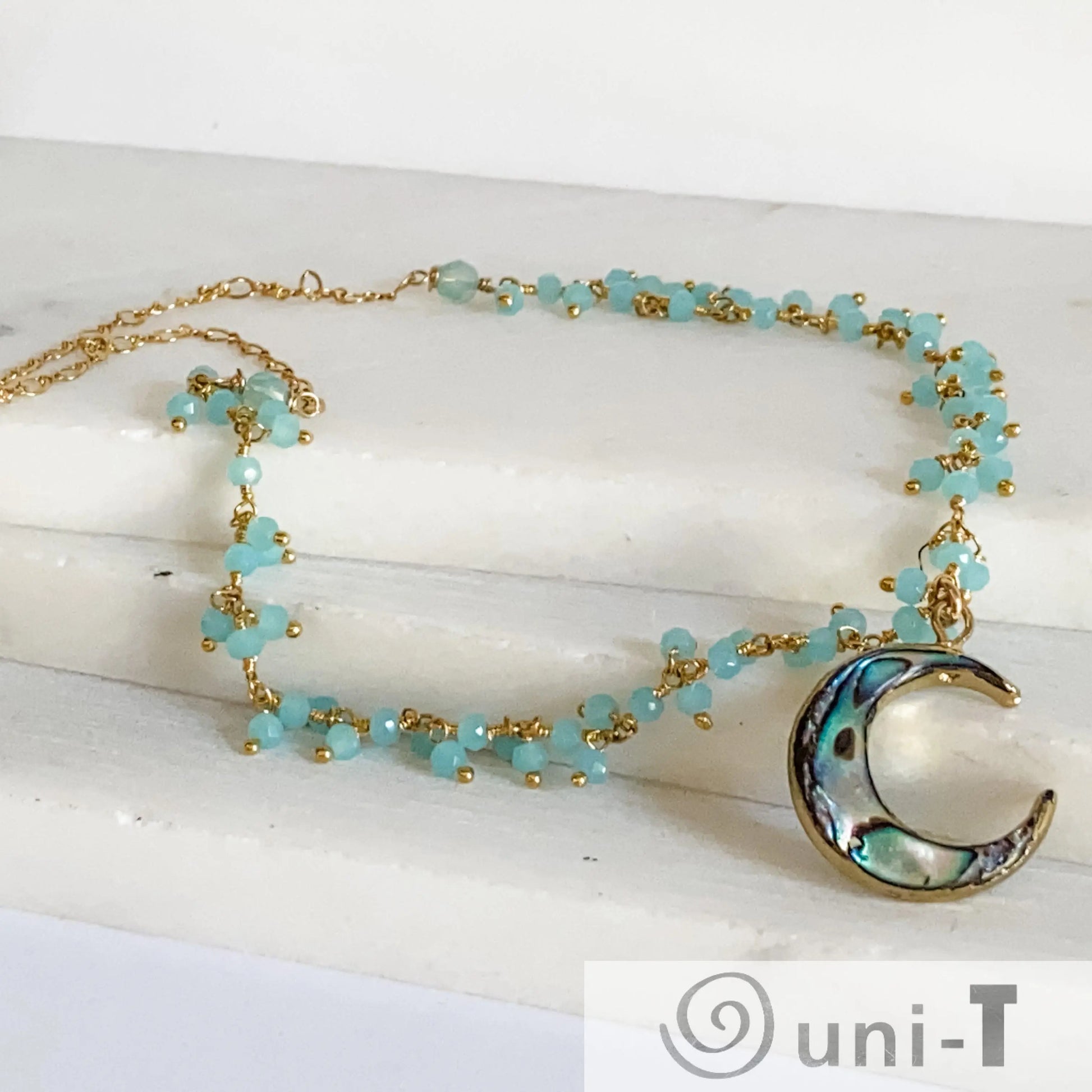 Abalone Moon and Aqua Chalcedony with 14K Gold Filled Necklace Regina McGearty