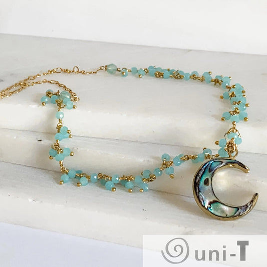Abalone Moon and Aqua Chalcedony with 14K Gold Filled Necklace Regina McGearty