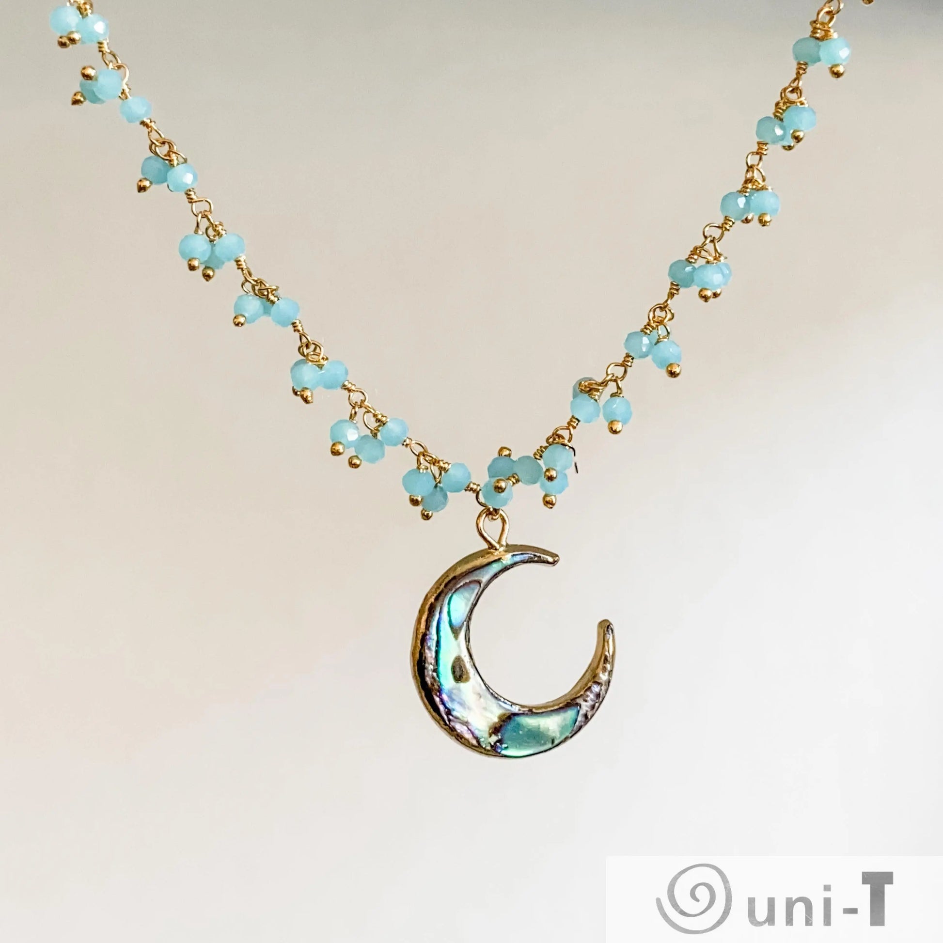 Abalone Moon and Aqua Chalcedony with 14K Gold Filled Necklace Regina McGearty