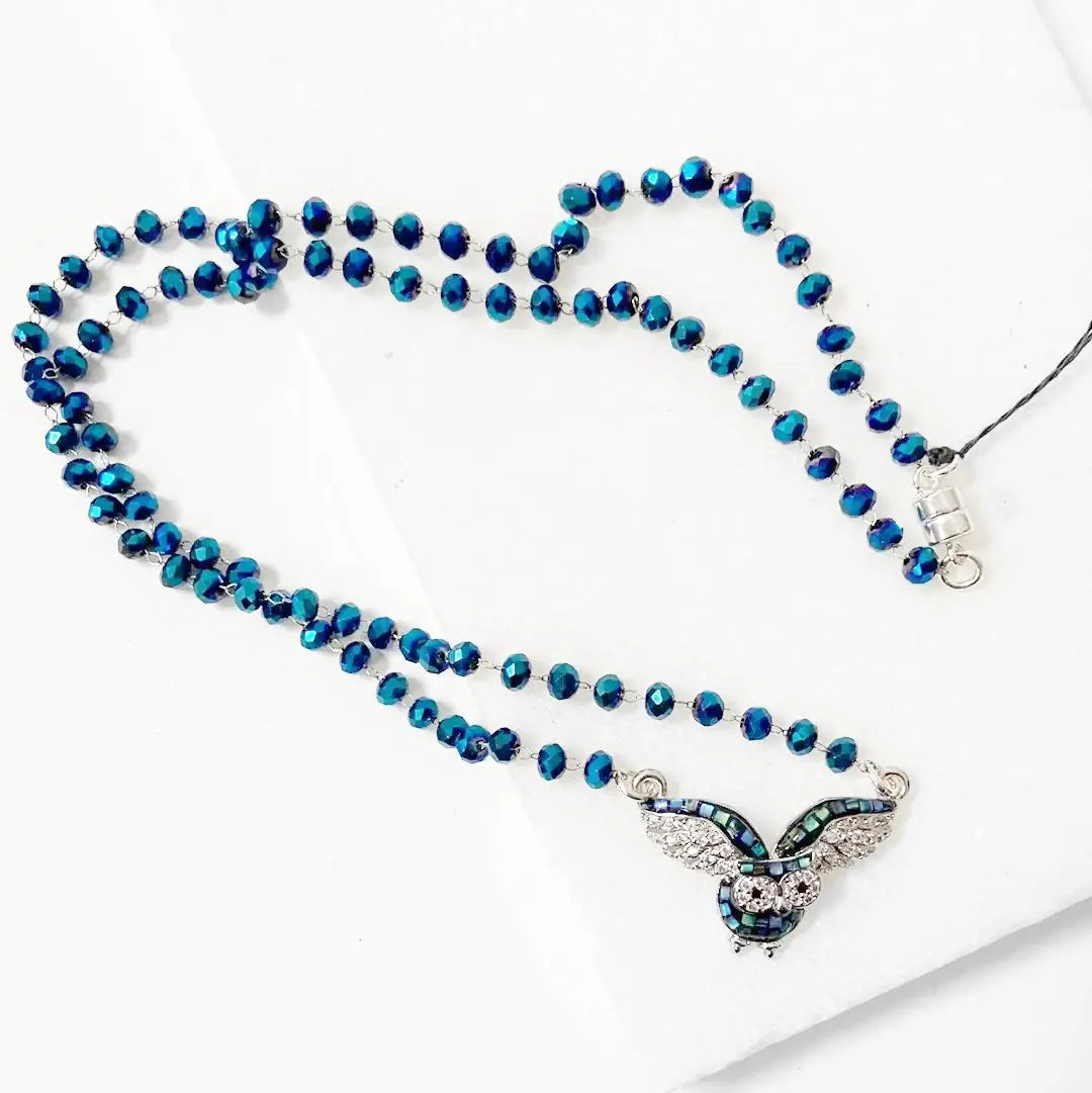 Abalone Owl with Blue Glass Beads and Sterling Silver Necklace Regina McGearty