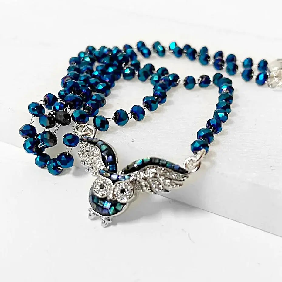 Abalone Owl with Blue Glass Beads and Sterling Silver Necklace Regina McGearty
