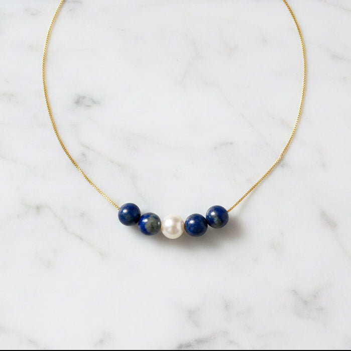 Adjustable Gold Filled Necklace With Pearl and Lapis- Janine Gerade