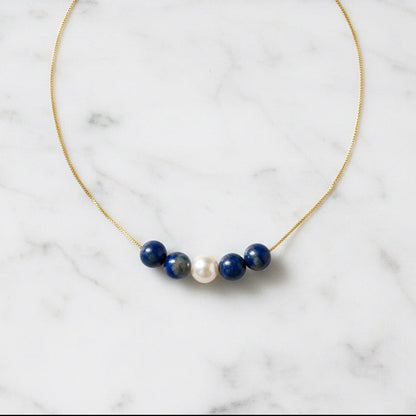 Adjustable Gold Filled Necklace With Pearl and Lapis- Janine Gerade