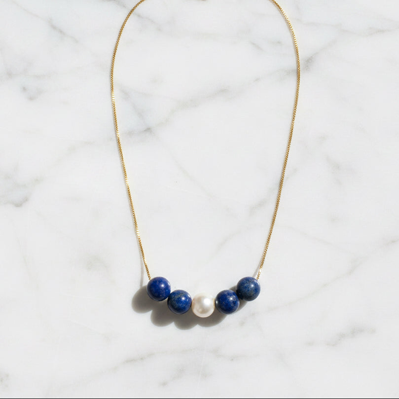 Adjustable Gold Filled Necklace With Pearl and Lapis- Janine Gerade