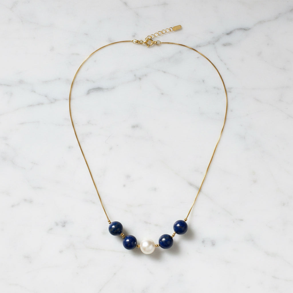 Adjustable Gold Filled Necklace With Pearl and Lapis- Janine Gerade