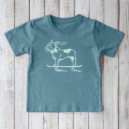 Kids' French Bulldog Organic Cotton T-Shirt in teal blue with a funny dog on skateboard graphic. Eco-friendly Uni-T tee for children.