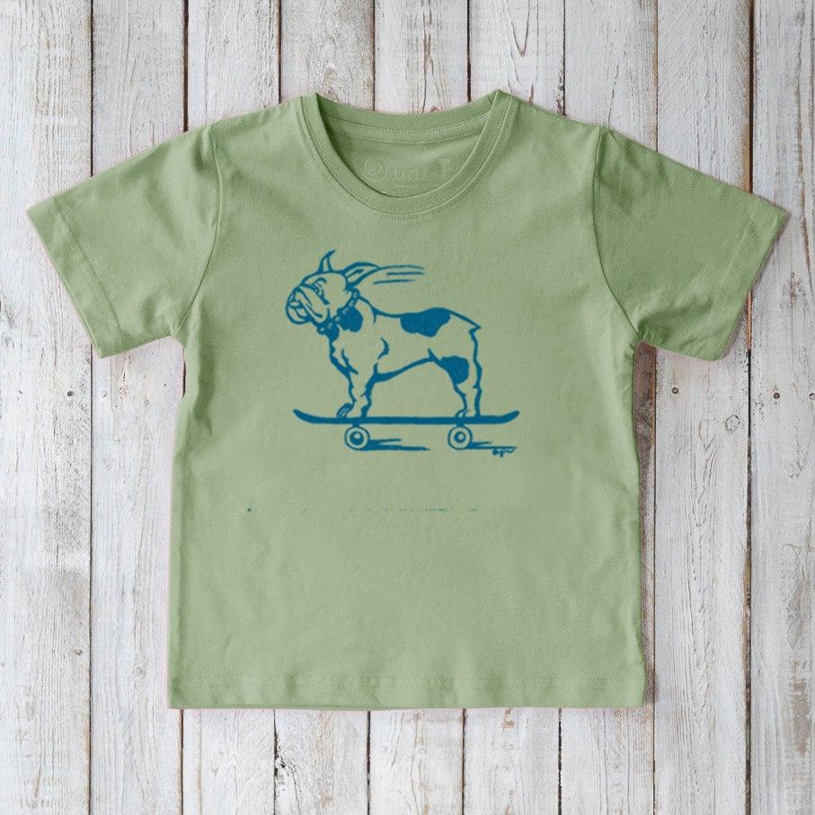 Light green Kids’ Organic Cotton T-Shirt featuring a blue French Bulldog on a skateboard. Sustainable Uni-T pet lover graphic tee.