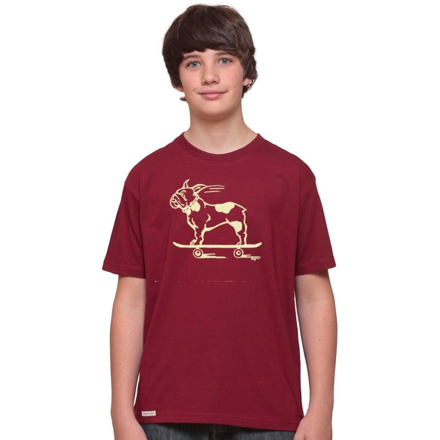 Burgundy Kids' Organic Cotton T-Shirt modeled by a child, with a yellow French Bulldog on skateboard print. Funny and sustainable Uni-T top.