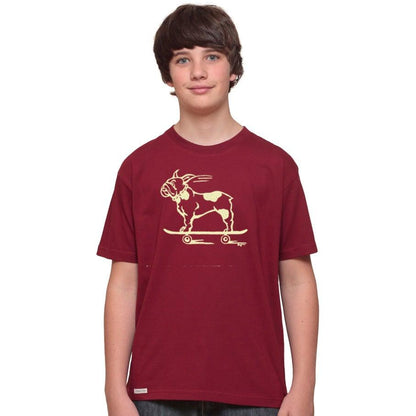 Burgundy Kids' Organic Cotton T-Shirt modeled by a child, with a yellow French Bulldog on skateboard print. Funny and sustainable Uni-T top.