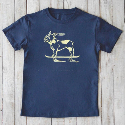 Navy blue Kids’ Organic Cotton T-Shirt with a yellow French Bulldog skateboarding graphic. Eco-friendly Uni-T tee for young pet lovers.