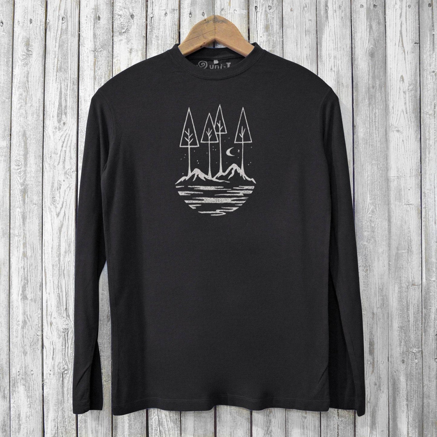 Black men's bamboo nature long sleeve t-shirt featuring minimalist mountain and forest design. Sustainable and soft eco-conscious apparel.