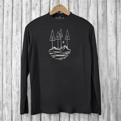 Black men's bamboo nature long sleeve t-shirt featuring minimalist mountain and forest design. Sustainable and soft eco-conscious apparel.