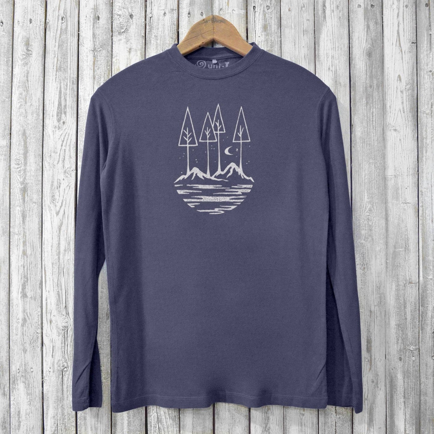 Eco-friendly men's bamboo and organic cotton long sleeve t-shirt in navy with nature-inspired graphic. Comfortable and sustainable fashion choice.