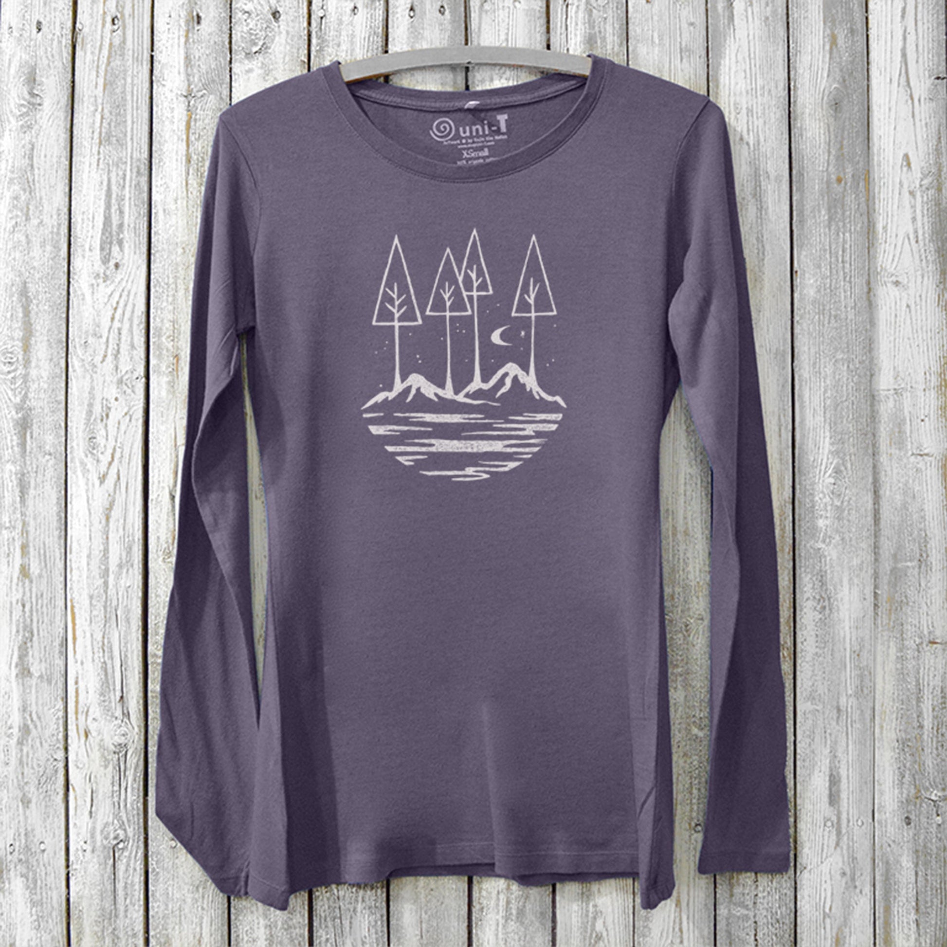 Women's nature long sleeve T-shirt in purple bamboo and organic cotton with minimalist mountain and tree graphic, cozy eco-friendly fall top.