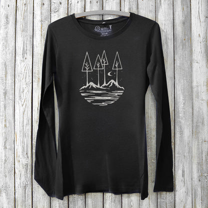 Black women's bamboo and organic cotton long sleeve T-shirt featuring a white nature scene graphic, sustainable inspirational gift for her.