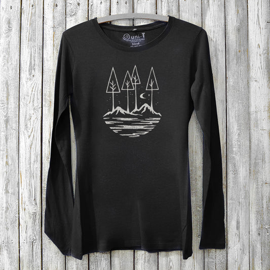 Black women's bamboo and organic cotton long sleeve T-shirt featuring a white nature scene graphic, sustainable inspirational gift for her.