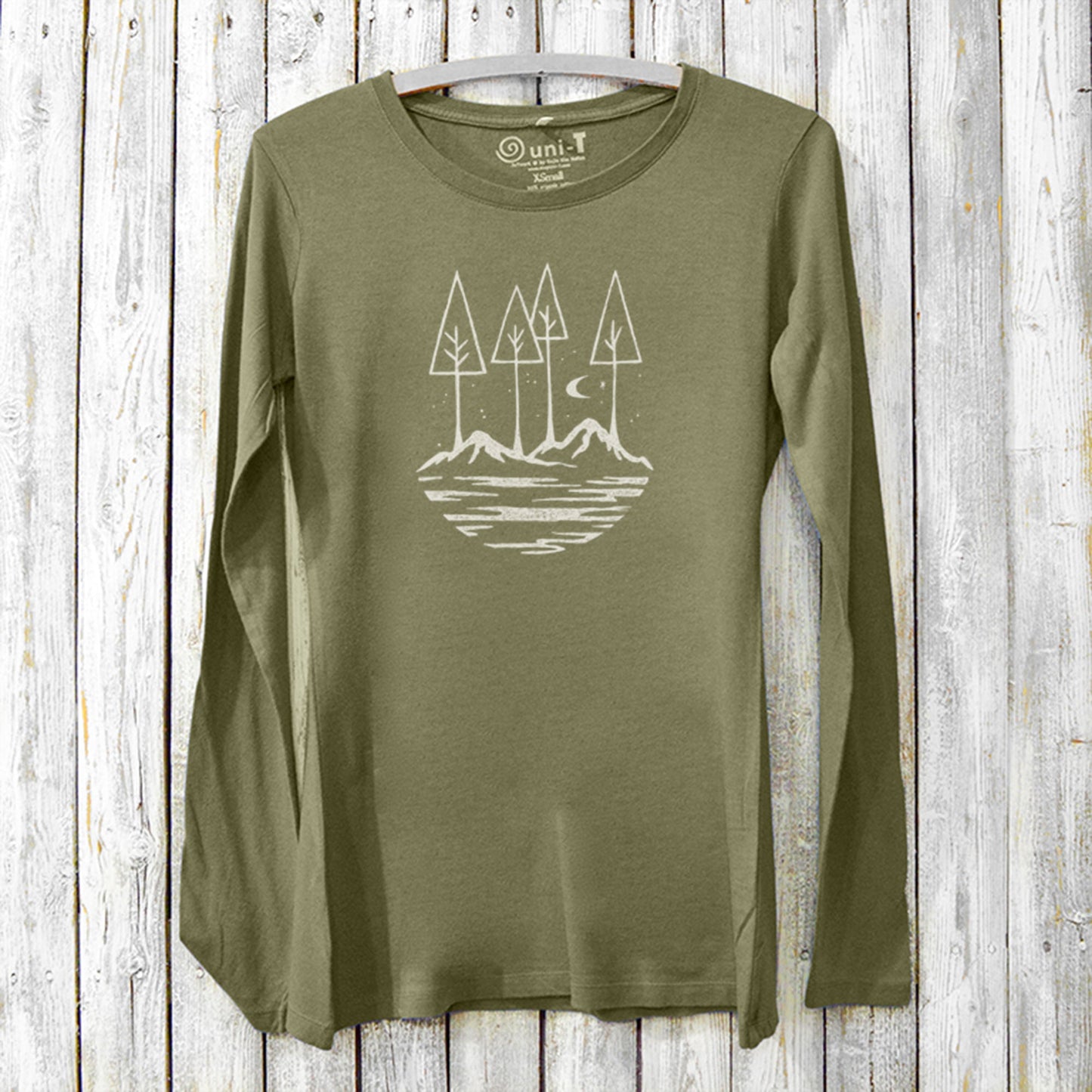 Olive green women's long sleeve graphic T-shirt made from bamboo and organic cotton, with serene mountain and forest design, perfect for autumn.