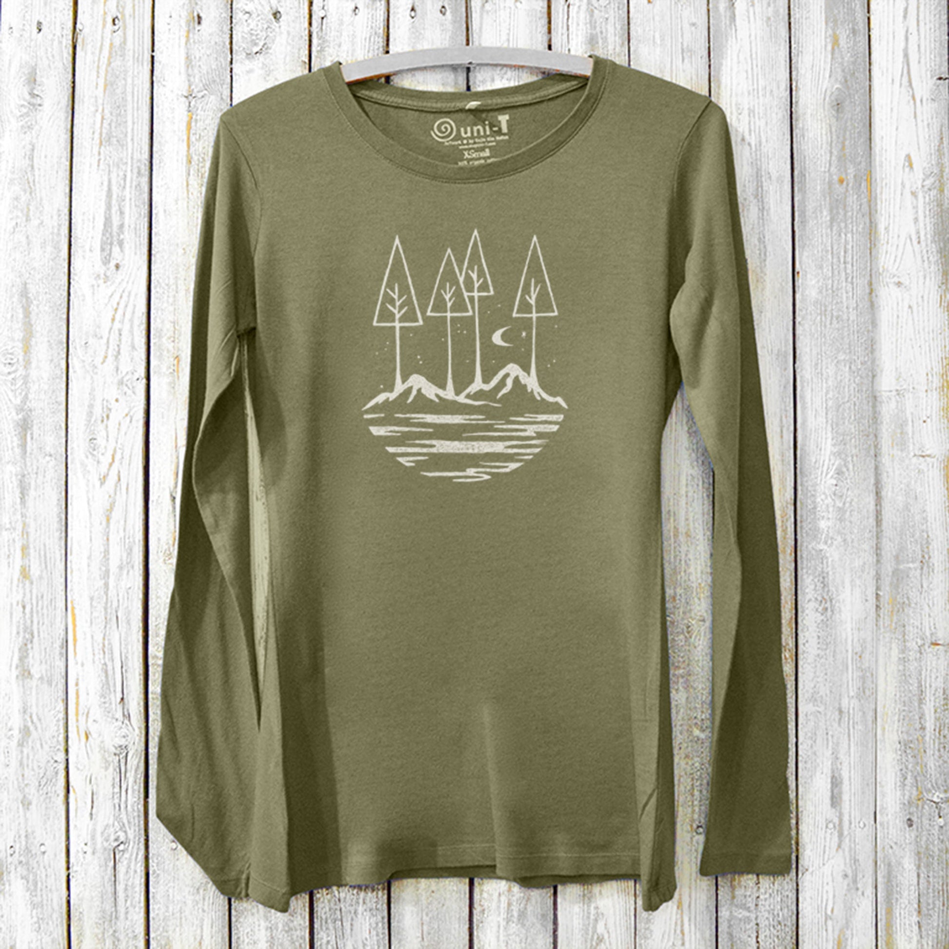 Olive green women's long sleeve graphic T-shirt made from bamboo and organic cotton, with serene mountain and forest design, perfect for autumn.