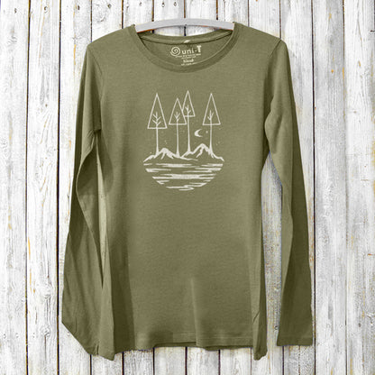Olive green women's long sleeve graphic T-shirt made from bamboo and organic cotton, with serene mountain and forest design, perfect for autumn.
