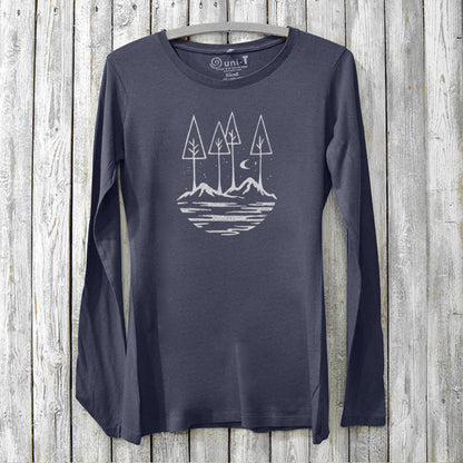 Navy women's nature long sleeve tee in bamboo and organic cotton, featuring a peaceful landscape print, ideal cozy eco-conscious apparel.