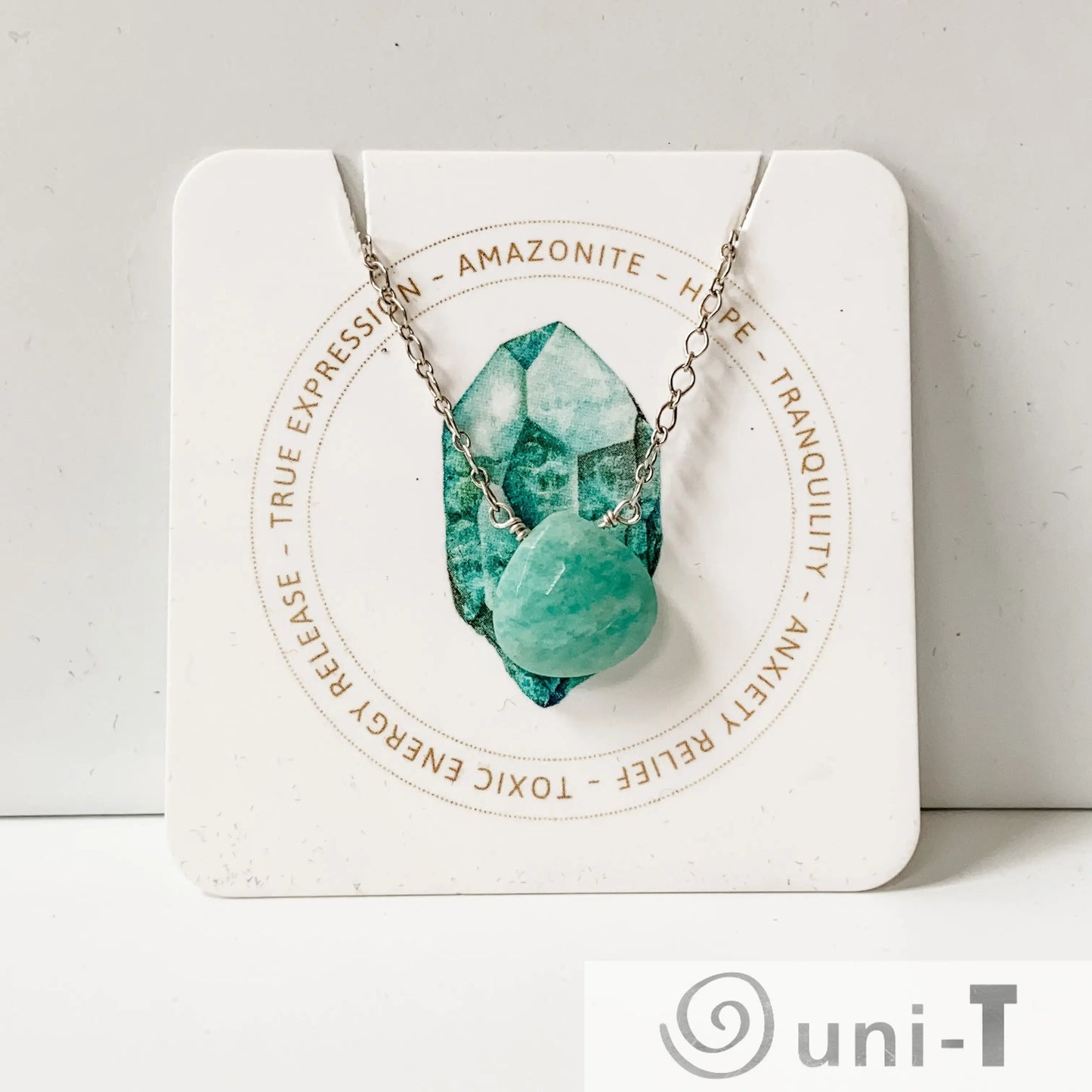Amazonite Gemstone Necklace by Uni-T displayed on branded card with gemstone meaning, ideal for gifting and jewelry collections.