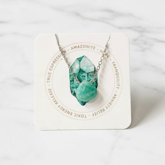 Amazonite Gemstone Necklace by Uni-T displayed on branded card with gemstone meaning, ideal for gifting and jewelry collections.