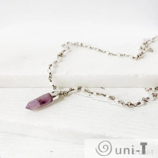 Amethyst Point, Moonstone, Pyrite, Sterling Silver Necklace Regina McGearty