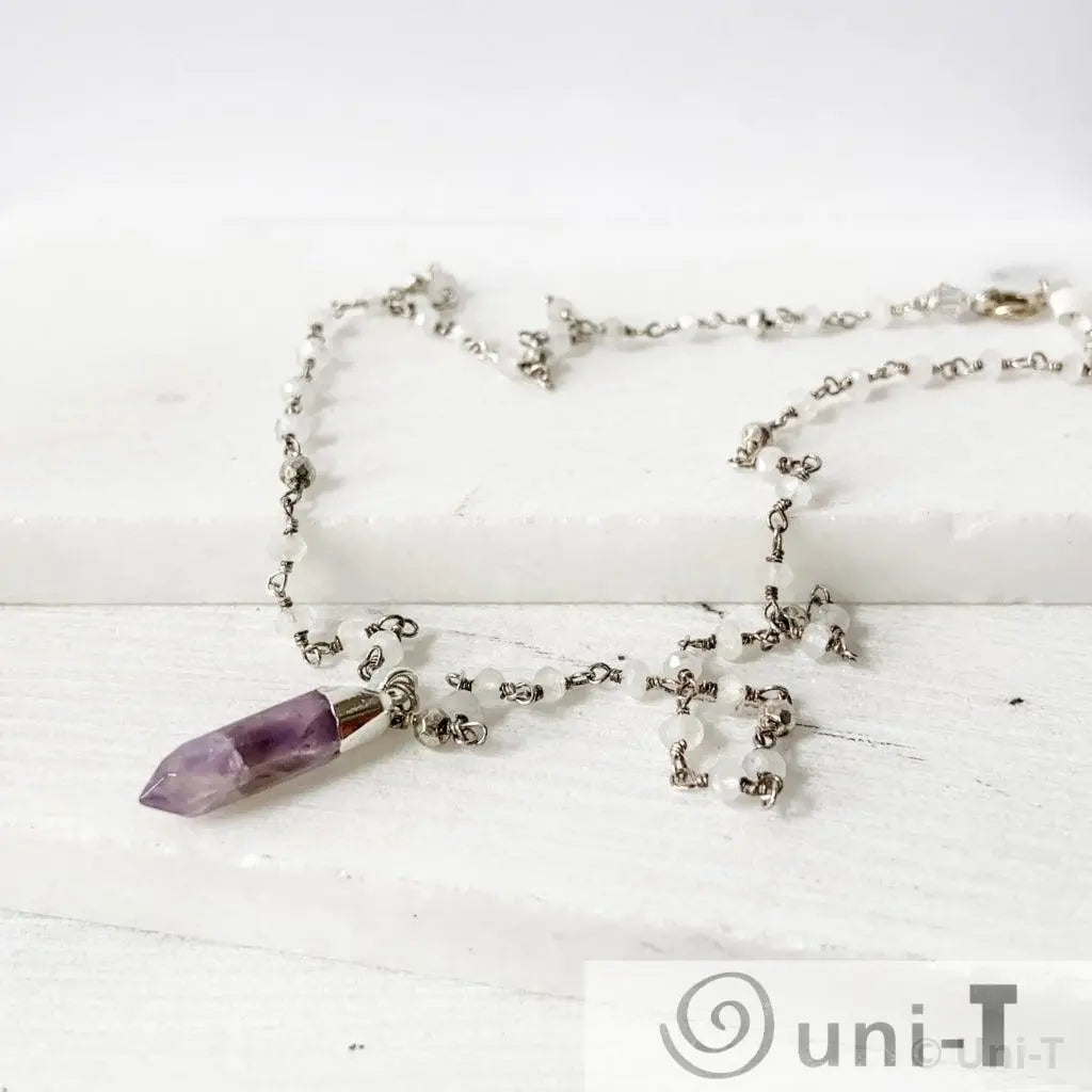 Amethyst Point, Moonstone, Pyrite, Sterling Silver Necklace Regina McGearty