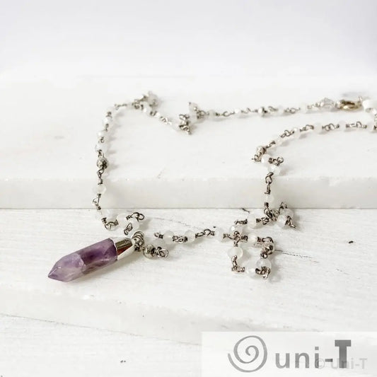 Amethyst Point, Moonstone, Pyrite, Sterling Silver Necklace Regina McGearty